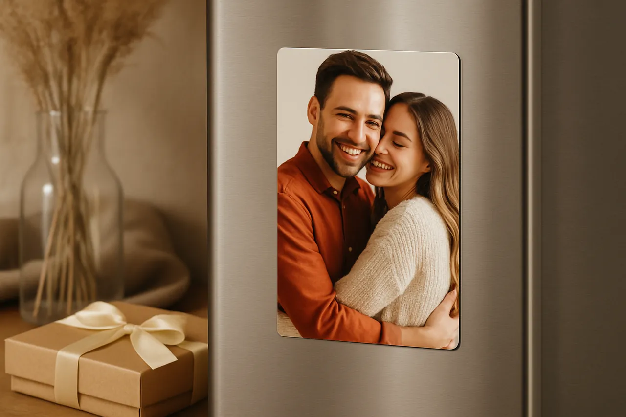 Yüksek baskı kalitesine sahip, canlı renkli bir foto magnet, modern bir buzdolabı üzerinde sergileniyor.