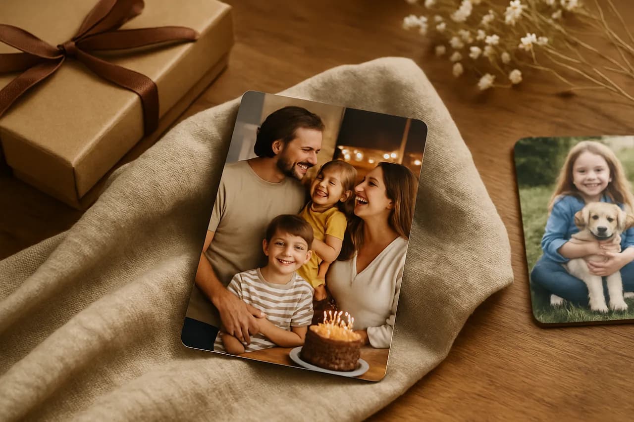 Buzdolabında aile fotoğraflarıyla süslenmiş renkli kişiye özel magnetler