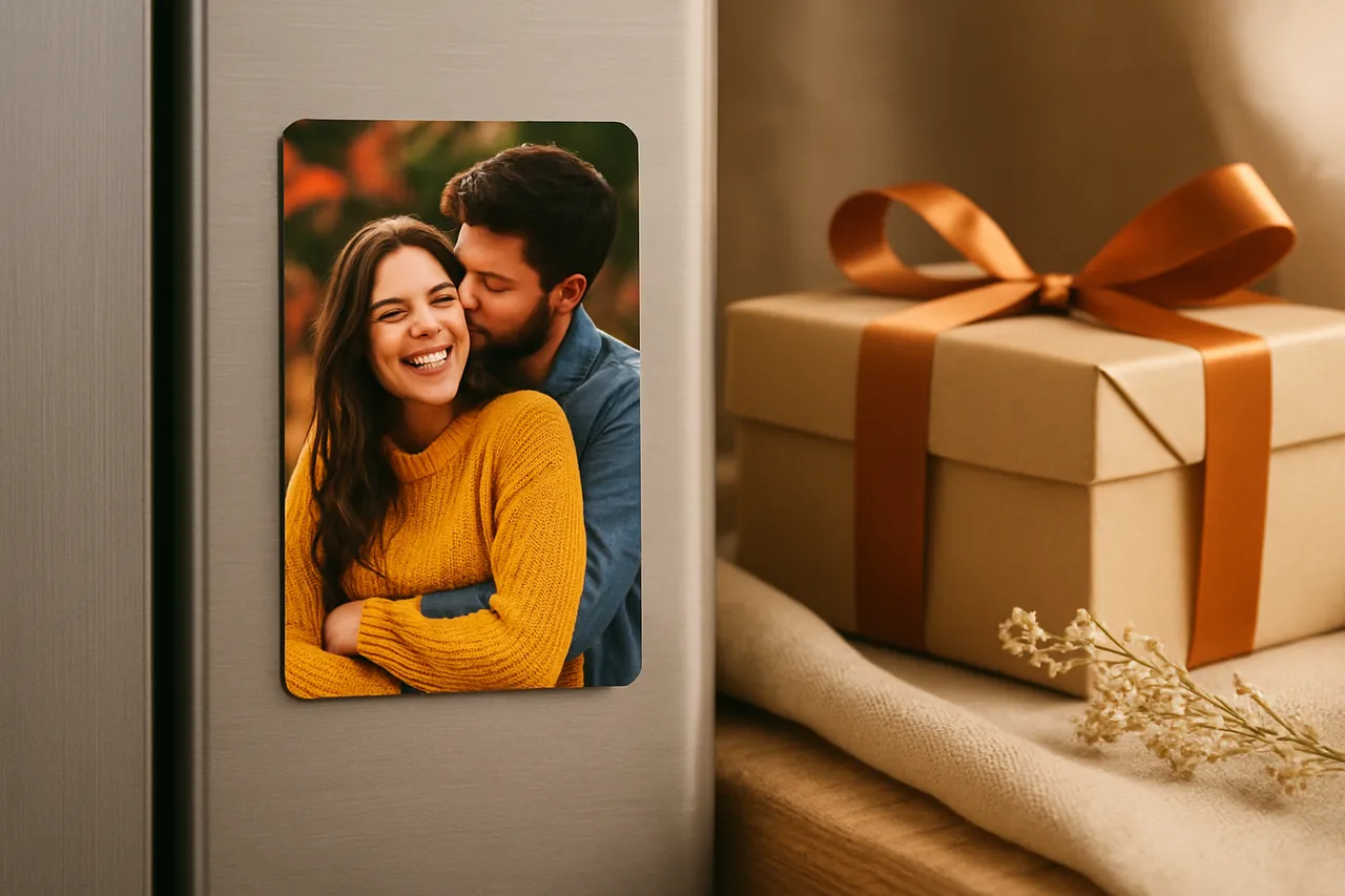 Buzdolabında sergilenen canlı renkli, kişiye özel bir foto magnet.
