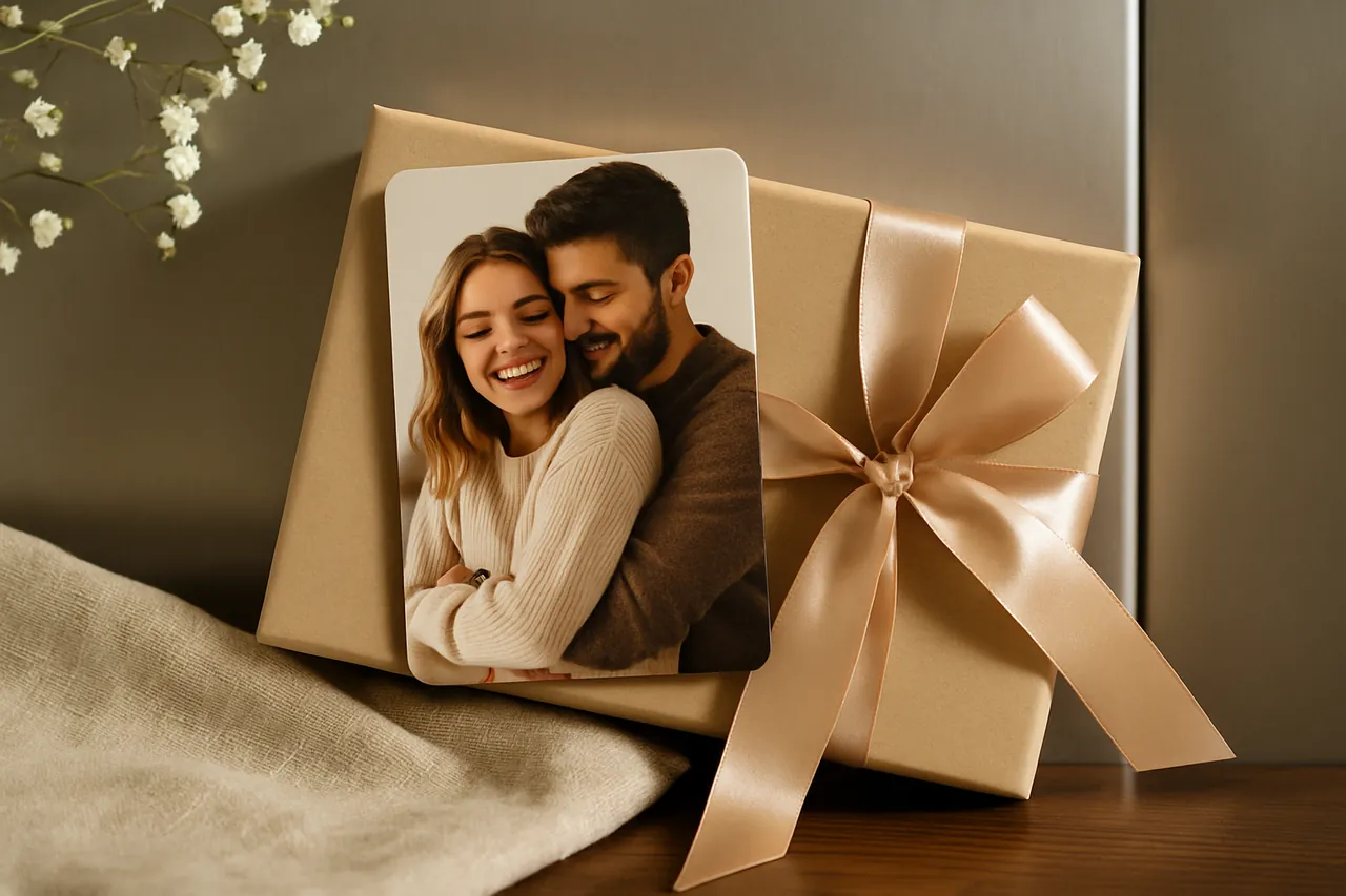 Modern ve pürüzsüz kenar kesimli bir foto magnet, şık bir buzdolabı üzerinde sergileniyor.