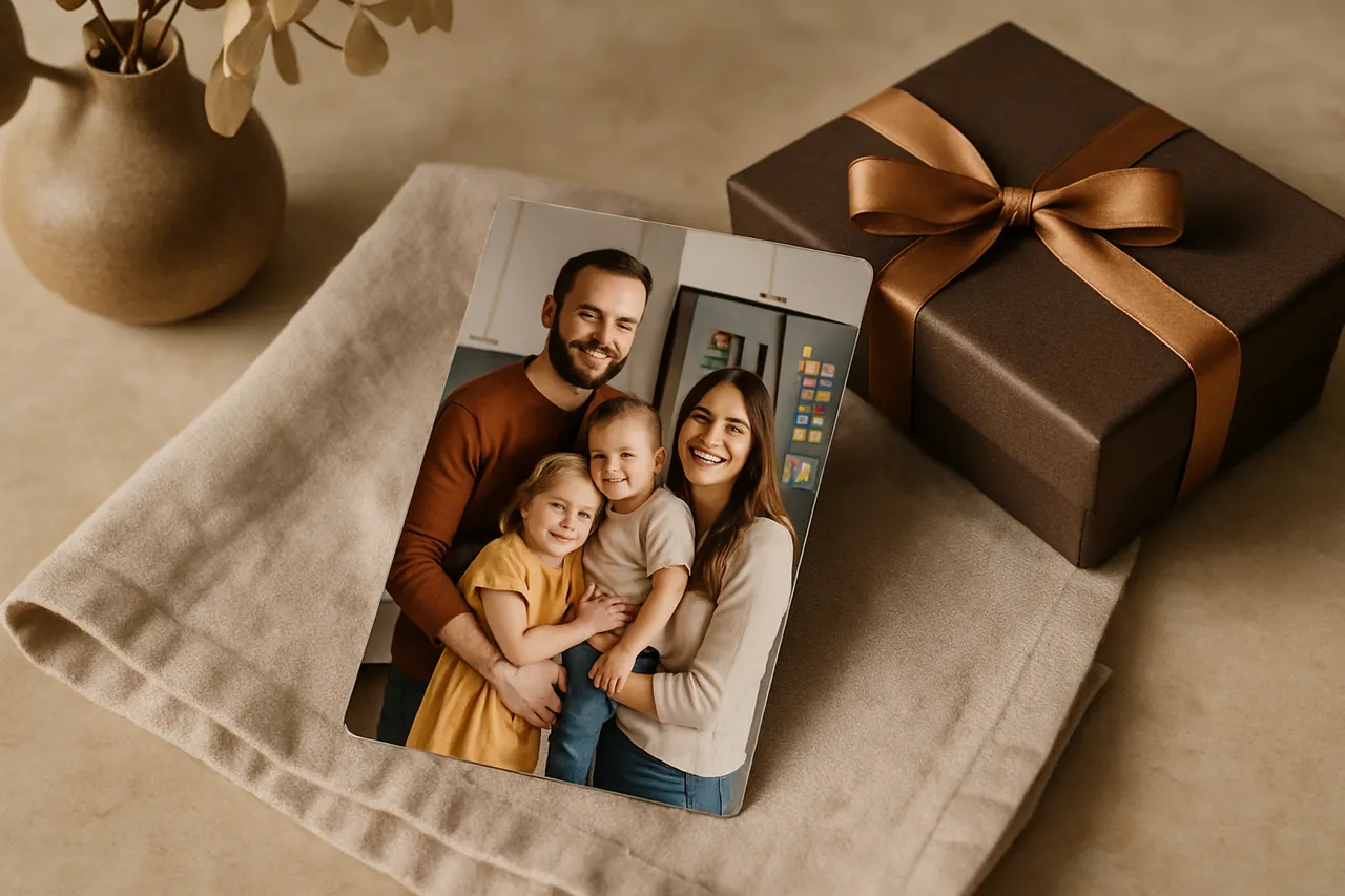 Renkli ve kişiye özel foto magnetlerle süslenmiş modern bir buzdolabı