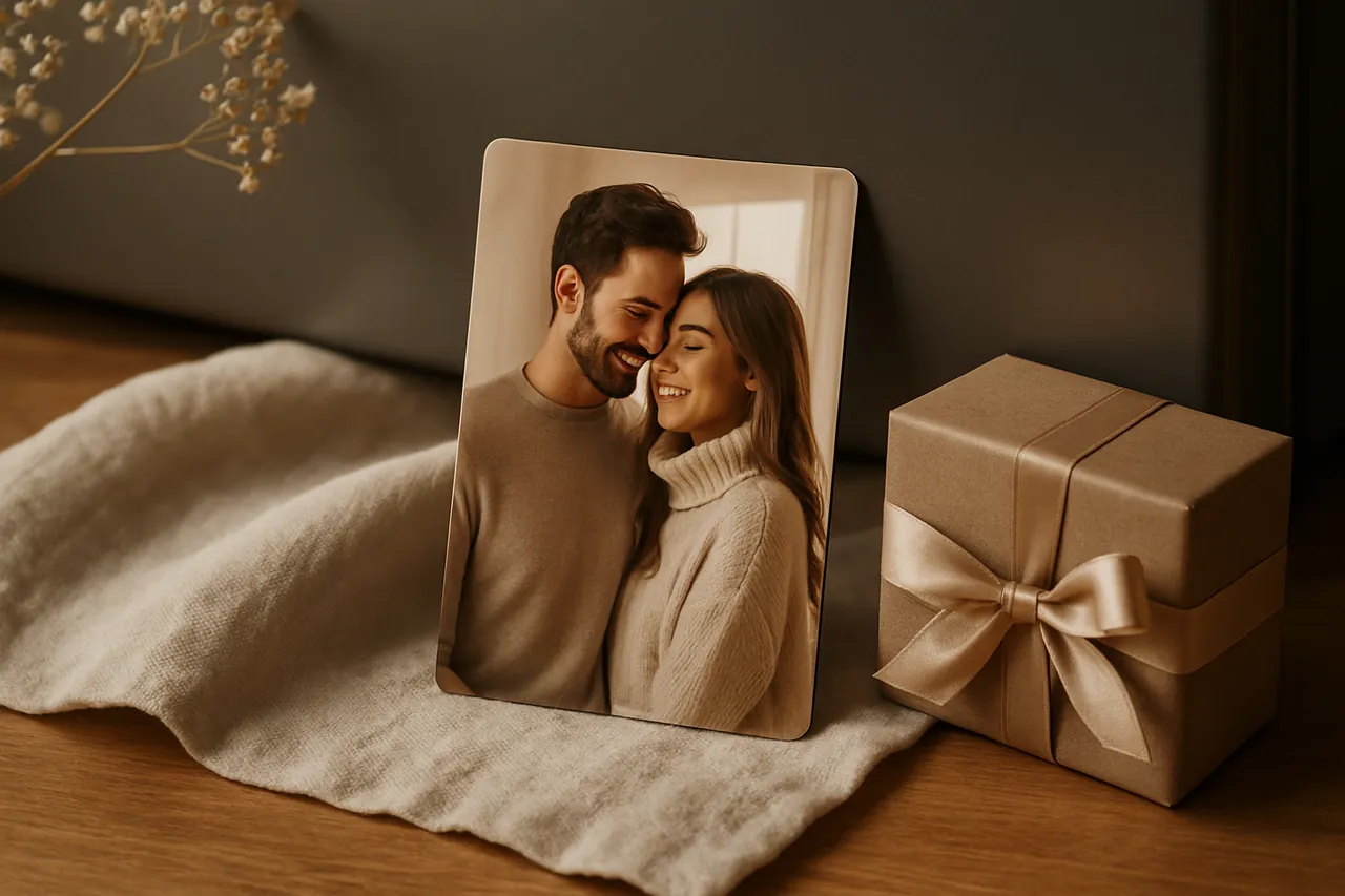 Modern bir buzdolabı üzerinde sergilenen kişiye özel foto magnet seti ve hediye kutusu.