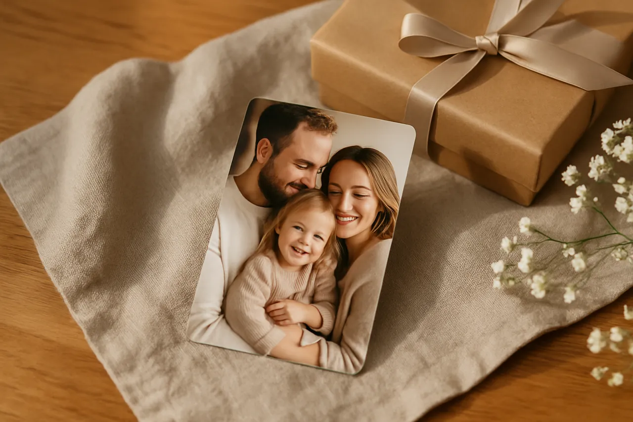 Elinde kişiye özel foto magnet tutan biri, arka planda buzdolabı ve renkli magnetler.