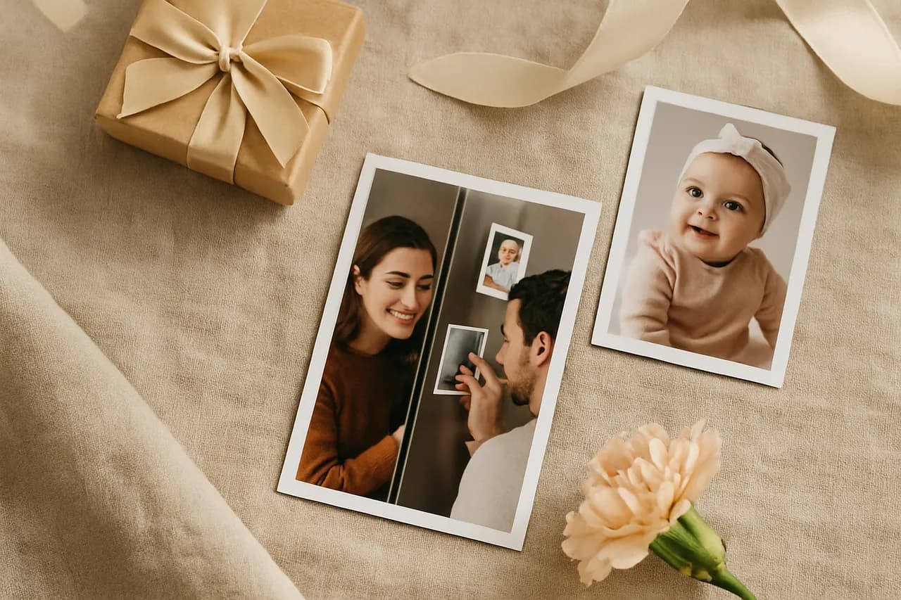 Buzdolabında kenar boşlukları belirgin kişiye özel foto magnetler