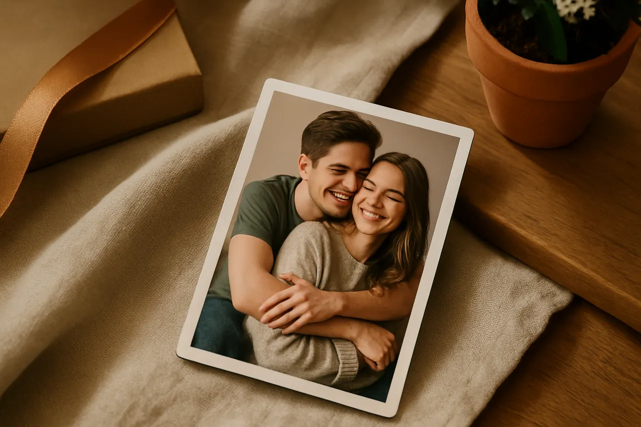 Buzdolabında sergilenen Instagram tarzı kare foto magnetler ve sıcak bir ev ortamı.