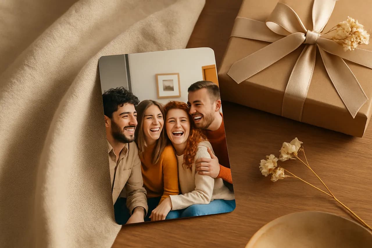 Buzdolabında sergilenen kalabalık bir grup fotoğrafının yer aldığı modern ve sıcak bir foto magnet.