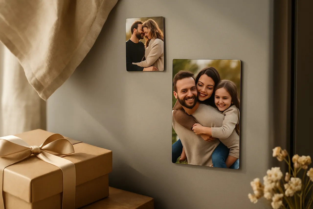 Parlak ve mat yüzeyli foto magnetlerin buzdolabında sergilendiği sıcak bir ev ortamı.