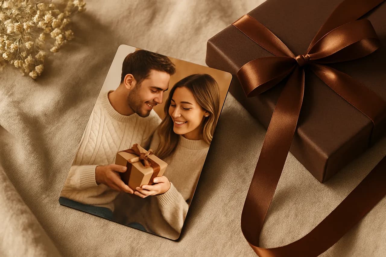 Sevgiliye hediye edilen kişiye özel foto magnet ve mutlu bir çift