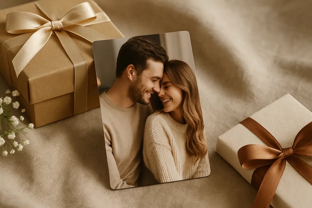 Yakın plan bir fotoğrafın yer aldığı modern bir foto magnet, buzdolabı üzerinde ve çevresinde kişiye özel hediyelerle birlikte.