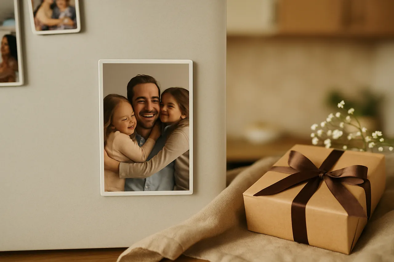Baba için hazırlanmış kişiye özel foto magnet, buzdolabı üzerinde aile fotoğraflarıyla birlikte sergileniyor.