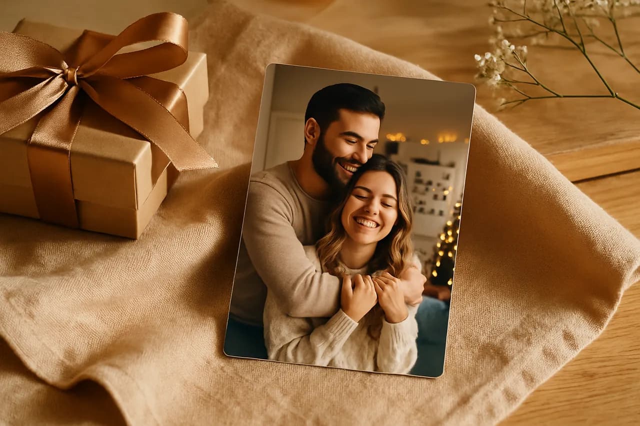 Modern bir evde buzdolabı ve duvar üzerinde sergilenen renkli ve kişiye özel foto magnetler.