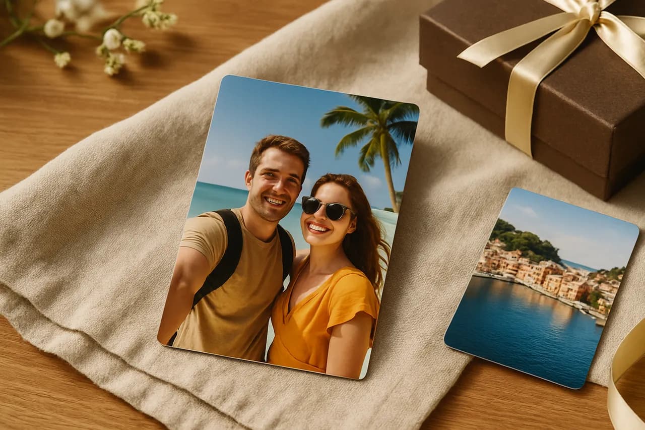 Tatil fotoğraflarından oluşan renkli foto magnet seti, modern bir mutfakta buzdolabı üzerinde sergileniyor.