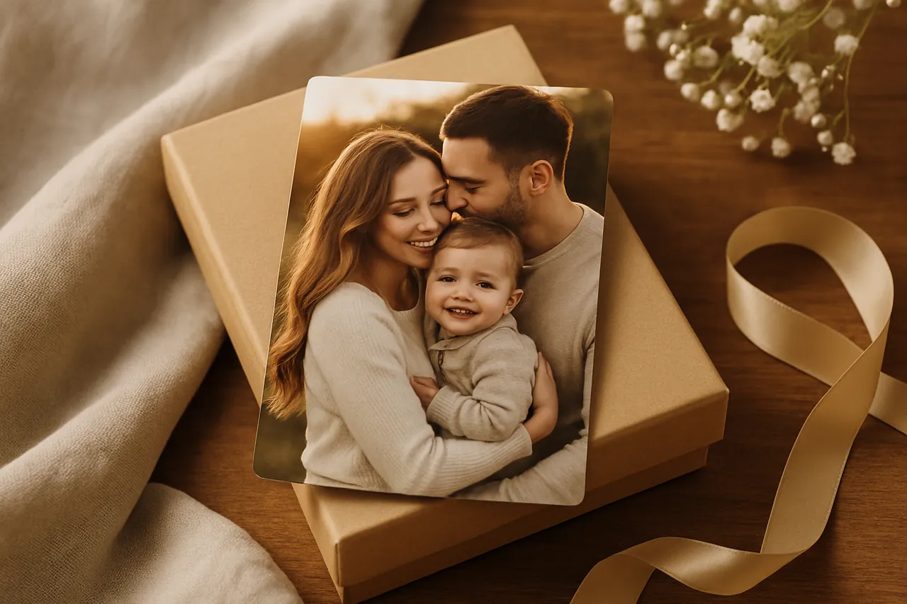 Bir buzdolabı önünde elde tutulan kişiye özel foto magnet ve sıcak aile ortamı.