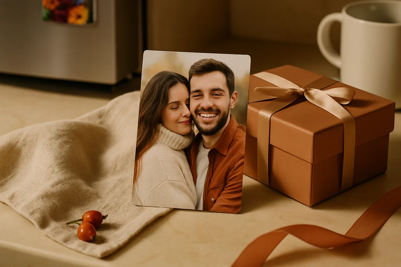 Buzdolabında renkli ve kişiye özel foto magnetlerle süslenmiş modern bir mutfak.